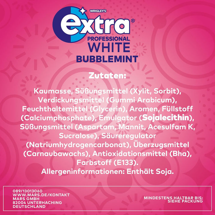 Extra Professional White Bubblemint, Zuckerfreier Kaugummi, Multipack mit 3x10 Dragees, Für frischen