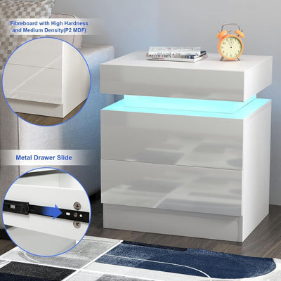 Lvhecforhm Nachtschrank 2er Set Weiss, Hochglanz Nachttisch, Modern Nachttisch 2 Schubladen, Nachtis