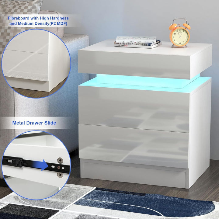 Lvhecforhm Nachtschrank 2er Set Weiss, Hochglanz Nachttisch, Modern Nachttisch 2 Schubladen, Nachtis