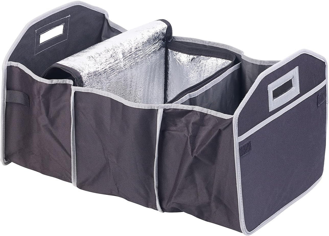 Lescars Kofferraumboxen: 2er-Set 2in1-Kofferraum-Organizer mit 3 Fächern & Kühltasche, faltbar (Car