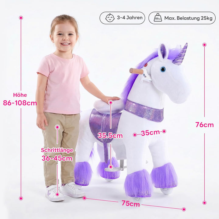 PonyCycle Einhorn zum Reiten für Kinder 3–4 Jahre, 76cm Hoch, Plüsch Einhorn auf Rollen mit Handbrem