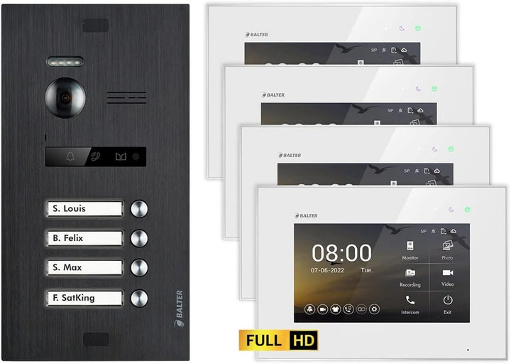 Balter EVO HD Schwarz/Weiss Video Türsprechanlage Set für 4 Familienhaus (1x Türstation mit Full HD-