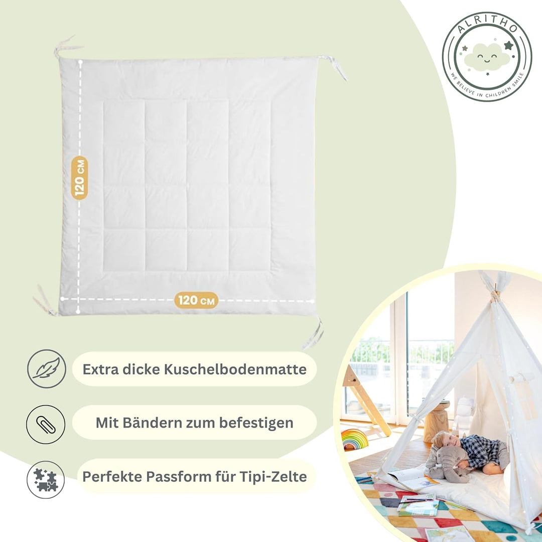 ALRITHO® Bodenmatte mit Bändern 120x120cm | gepolsterte Matte für Tipi Zelte für Kinder, Spielzelte,