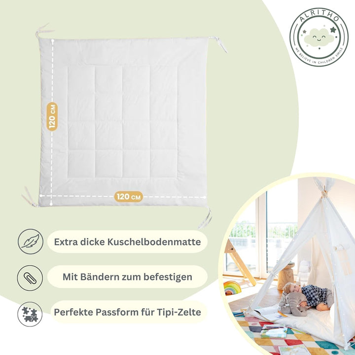 ALRITHO® Bodenmatte mit Bändern 120x120cm | gepolsterte Matte für Tipi Zelte für Kinder, Spielzelte,