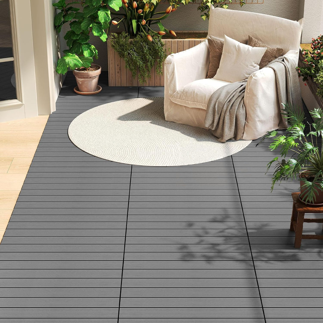 WOLTU WPC Fliese, Terrassenfliesen Holz-Optik, Bodenbelag mit Klicksystem, 30 x 60 cm, Hellgrau (12