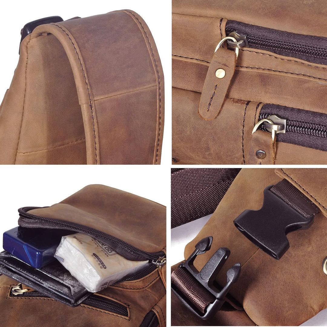 Le'aokuu Herren Echtes Leder Brusttasche Umhängetasche Sport Outdoor Messenger Bag Wanderrucksäcke（8