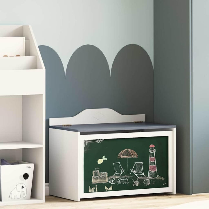 Spielzeugtruhe mit Tafelvorderseite ROROS in Grau und Weiss, Holzwerkstoff Stauraumbox 73 x 40 x 55