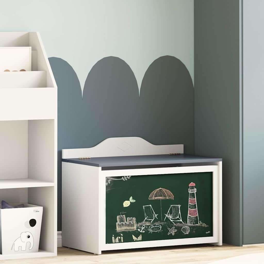 Box mit Stauraum und Tafelvorderseite ROROS Grau und Weiss aus Holzwerkstoff 73x40x55 cm mit Klappde
