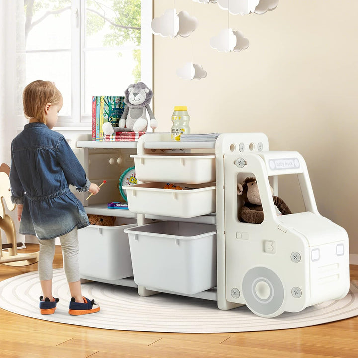 GOPLUS Kinderregal in Autoform, Multifunktionales Spielzeugregal mit 4 Boxen & 1 Schrank, Aufbewahru