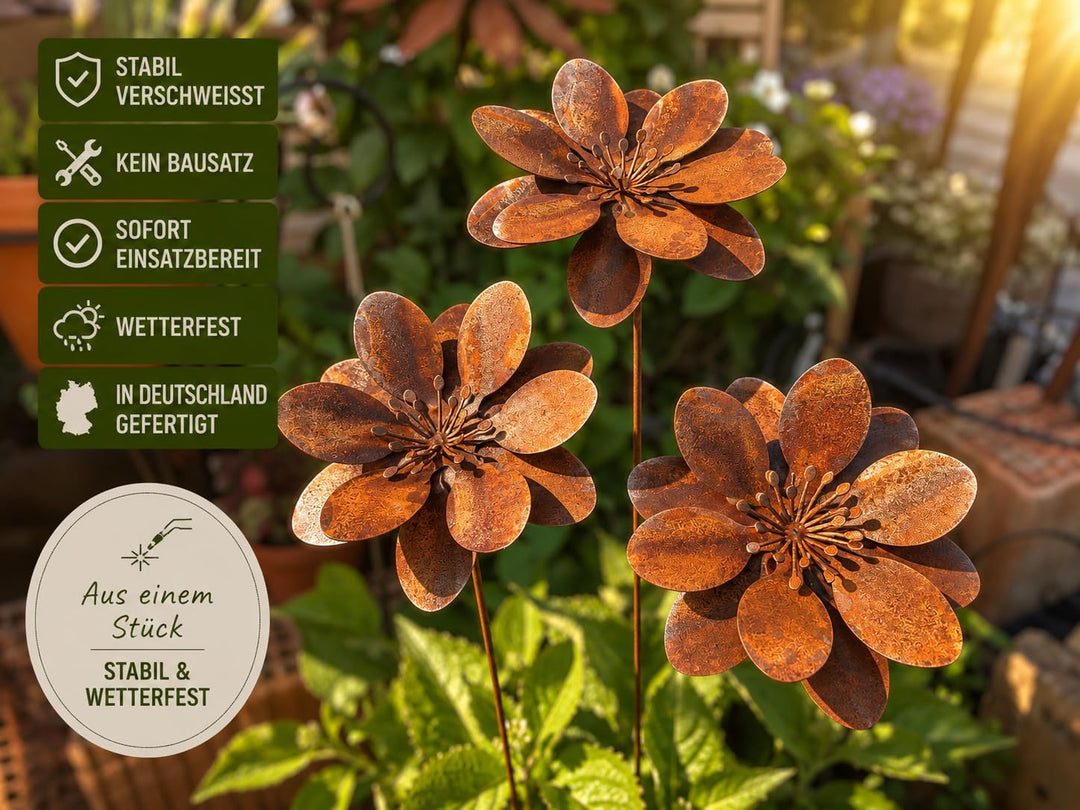 3er Set Gartenstecker Sonnenhut Metall Rost Gartendeko Edelrost Rankstab Beetstecker Topfstecker Nat