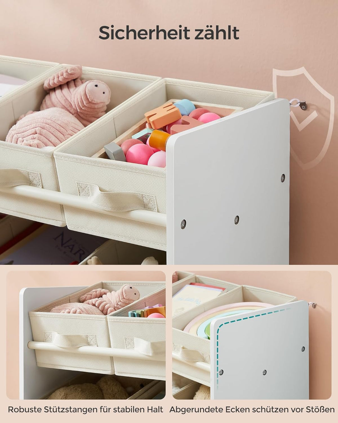 SONGMICS Kinderregal, Spielzeugregal, Bücherregal Kinder, mit 9 Aufbewahrungsboxen aus Vliesstoff, K