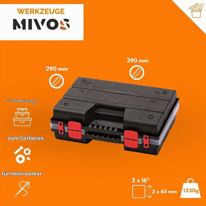 Mivos Doppelseitig Sortimentskasten 390 x 290 x 130 mm mit 30 Verstellbare Fächer - 2 Seitig Sortier