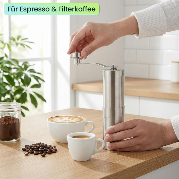 ideoon Robuste Handkaffeemühle Edelstahl mit Keramikmahlwerk, stufenlose Mahlgrad-Einstellung, abneh