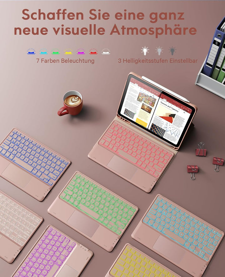 CHESONA Hülle mit Tastatur für iPad 10 Generation/11 Generation A16 2025, 7 Farben Beleuchtung, Mult