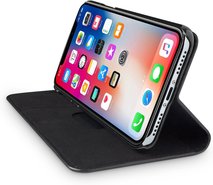 WIIUKA Echt Ledertasche - TRAVEL Nature - für Apple iPhone X und XS -DEUTSCHES Leder- Schwarz, kabel
