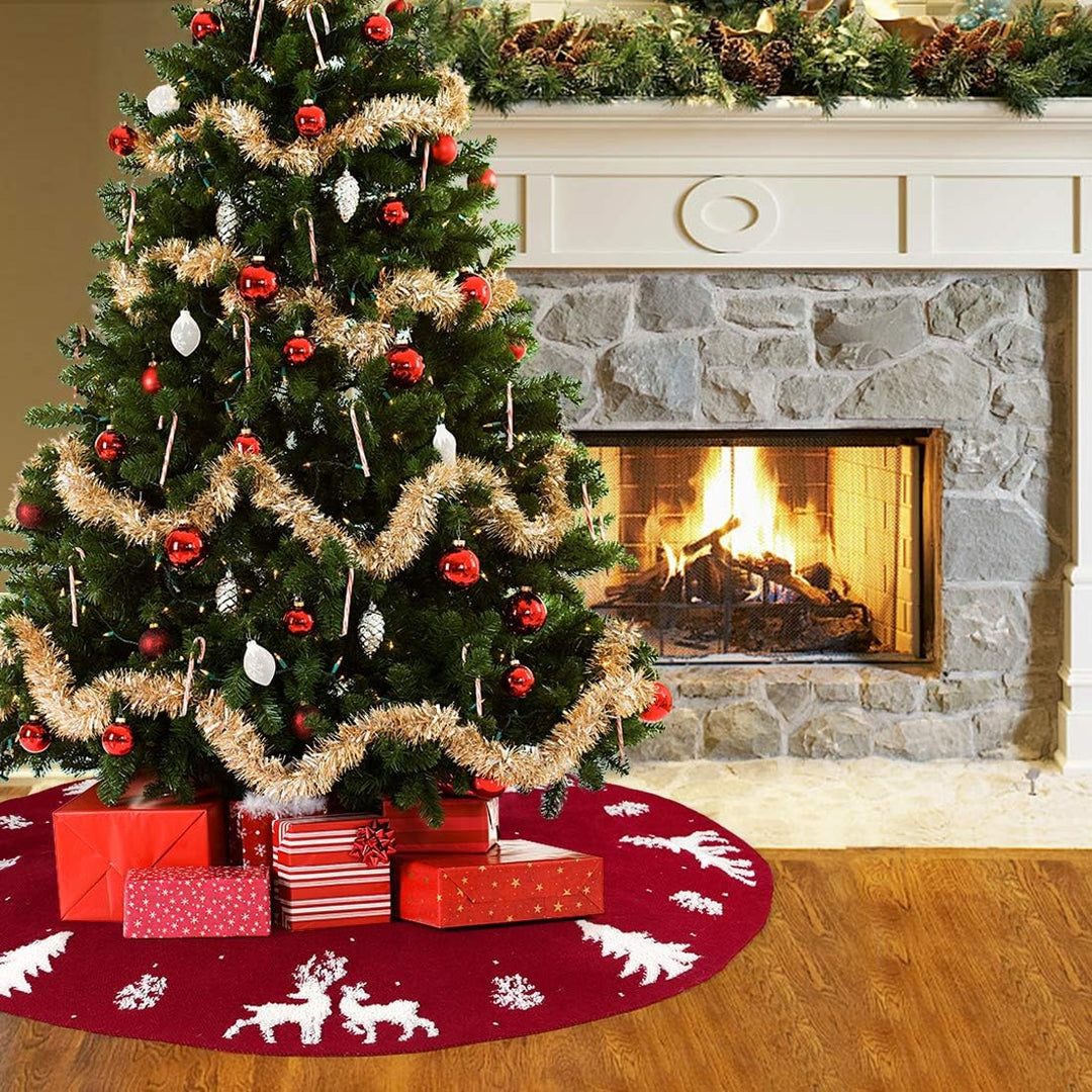 LOMOHOO Weihnachtsbaum-Rock 90mc gestrickt 3D-Elch-Weihnachtsbaum-Unterlage,Rustikaler roter Baumroc
