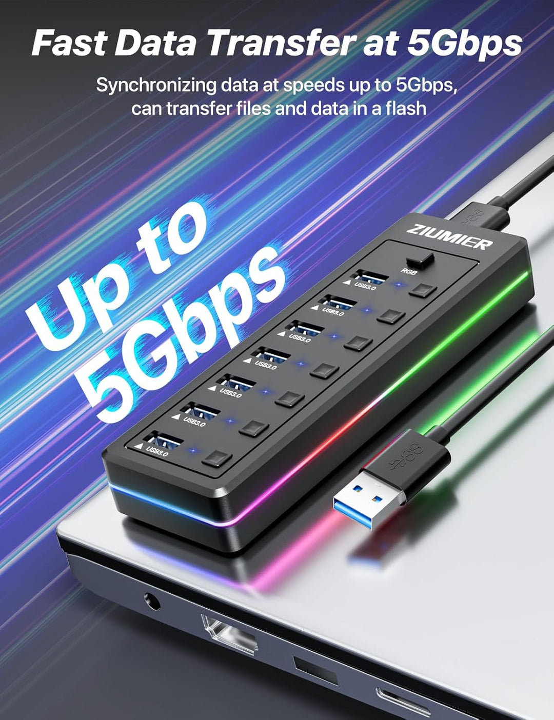 USB-Hub mit 7 Anschlüssen, USB 3.0-Hub mit RGB-LED-Streifen individuelle LED-EIN/Aus-Schalter für La