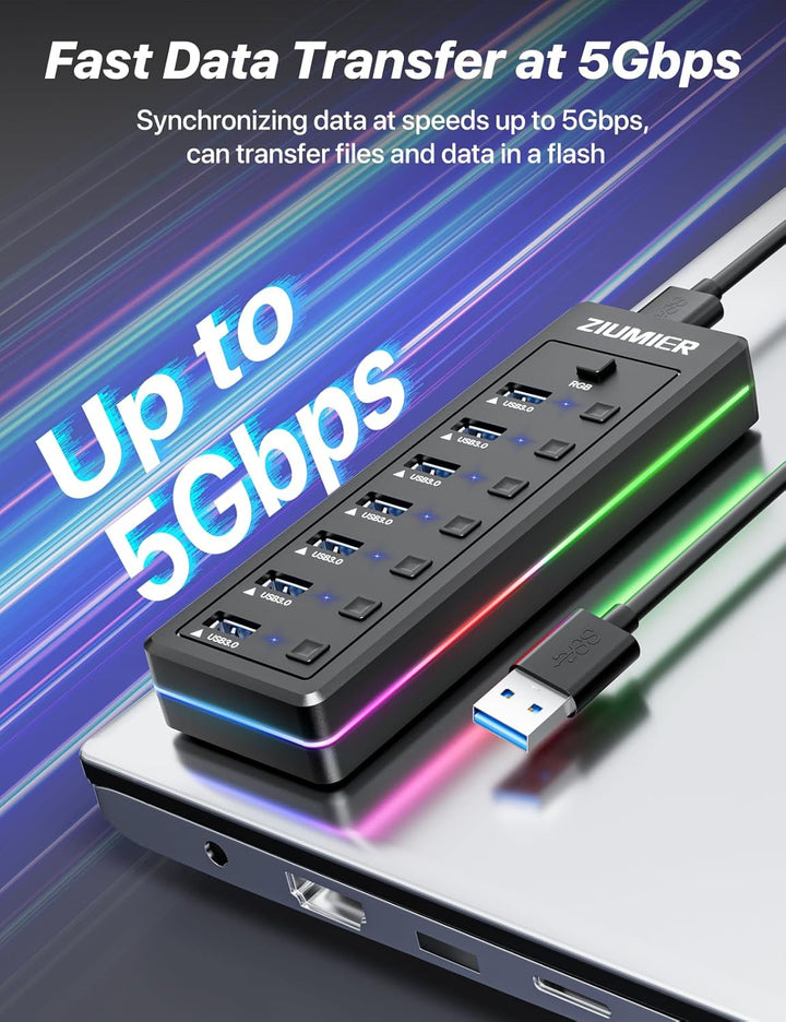 USB-Hub mit 7 Anschlüssen, USB 3.0-Hub mit RGB-LED-Streifen individuelle LED-EIN/Aus-Schalter für La