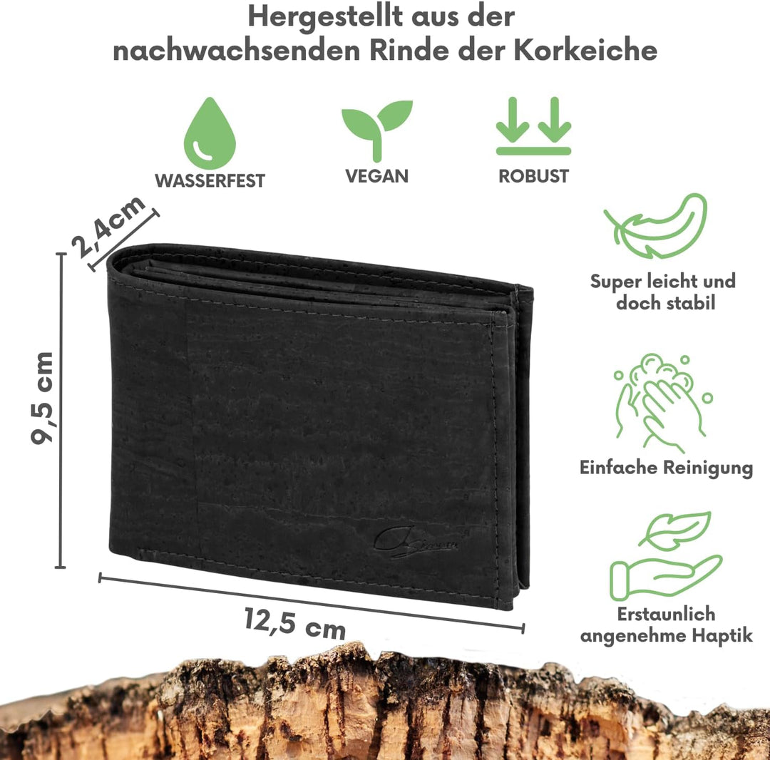 Simaru Kork Geldbörse mit RFID-Schutz, Unisex Geldbeutel für 11+Karten, Scheine & Münzen, Mini Walle