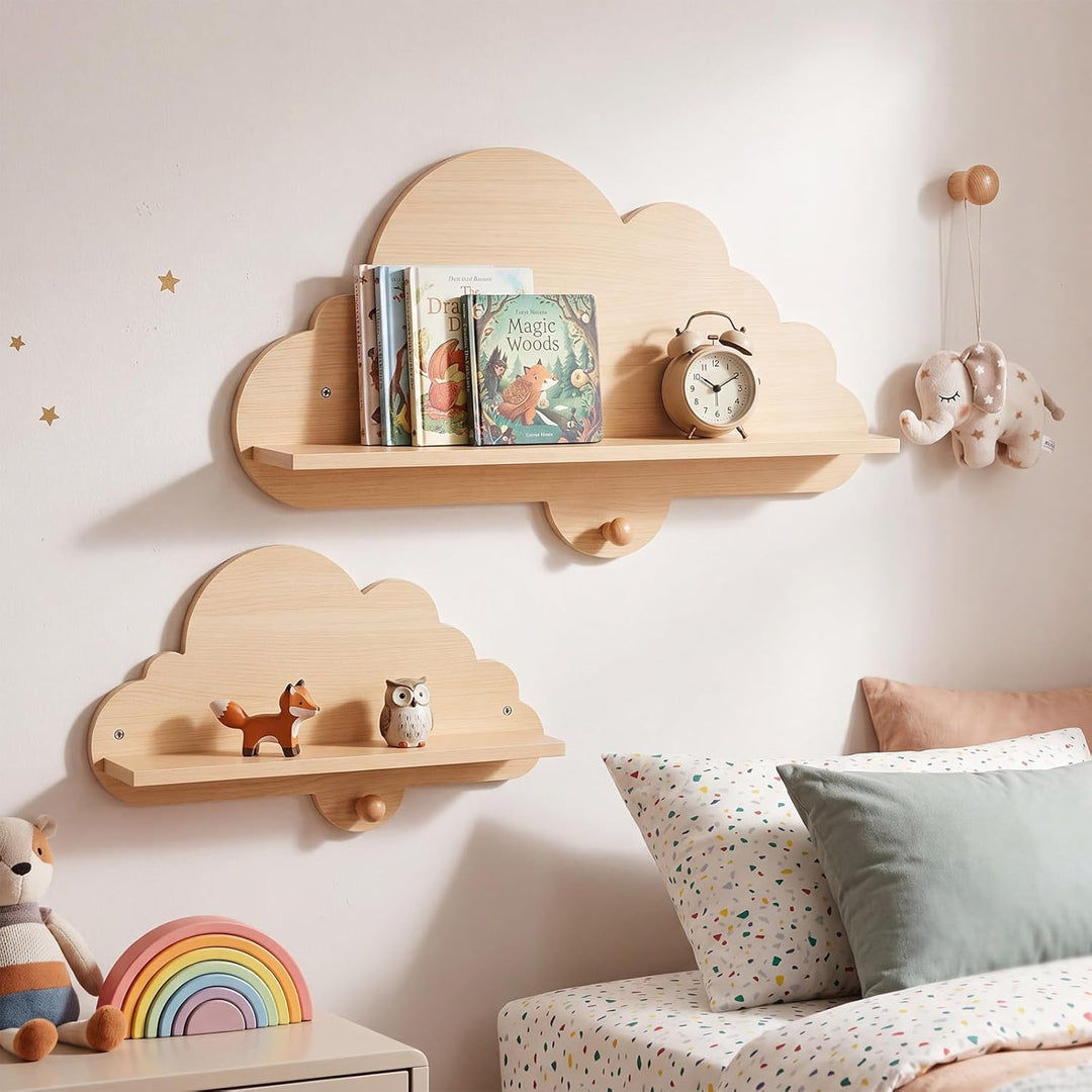 COSTWAY 2er Set Wandregal Kinder, Schweberegal im Wolkenform aus Massivholz, wandmontiertes Kinderre