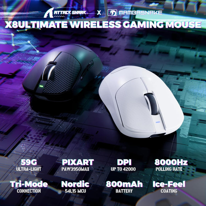 MAMBASNAKE X ATTACKSHARK X8ULTIMATE Kabellose Gaming-Maus&Grip Tape,PAW3950MAX Sensor,8K Abtastrate,
