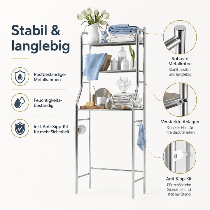 Garvee Toiletten-Regal, 3-stöckiges Badezimmerregal, mit verstellbaren Einlegeböden und Aufbewahrung
