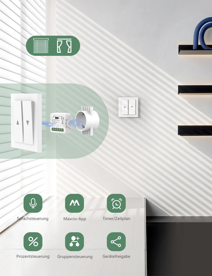 Maxcio Smart Rolladenschalter, WLAN Rolladensteuerung Relais Modul mit Timer, Prozentfunktion, Sprac