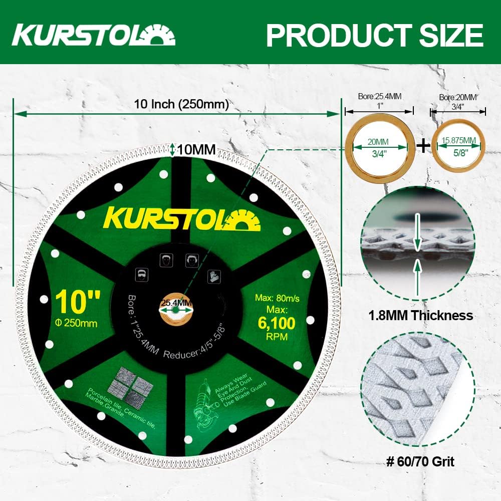 KURSTOL Fliesen-Porzellan-Diamantklinge – 10"/250mm superdünnes Diamant-Trennscheibe, Dorn 7/8"-5/8"
