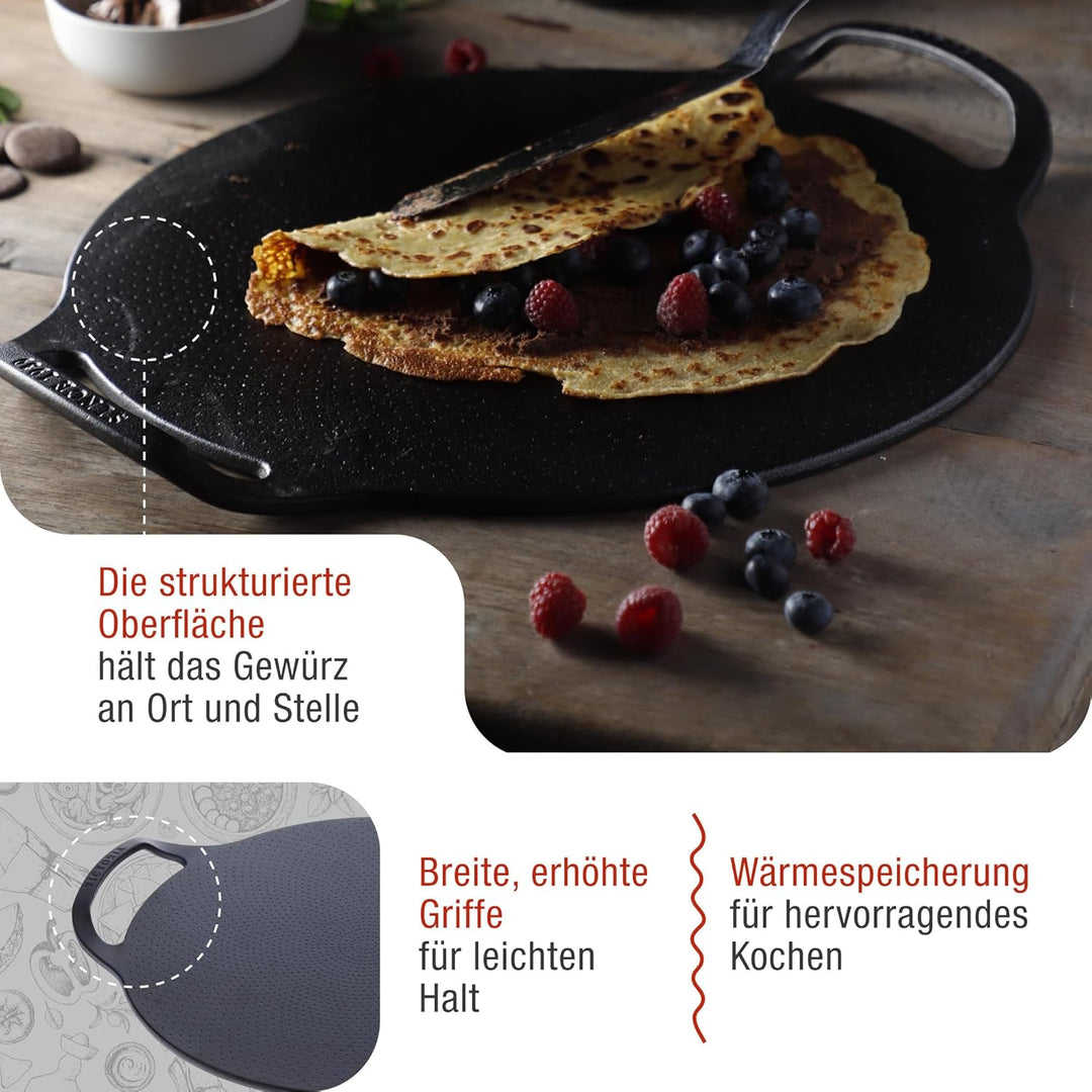 Victoria Grillplatte fur Pizza Gusseisen Pizzablech, 38cm mit Griffen, Induktion, Feuer, Grill, Ofen
