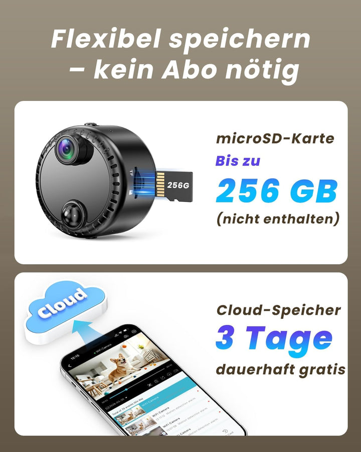 Mini Kamera 4K WLAN Überwachungskamera innen kabellos mit Akku, 2,4/5 GHz WiFi, Live-Übertragung auf