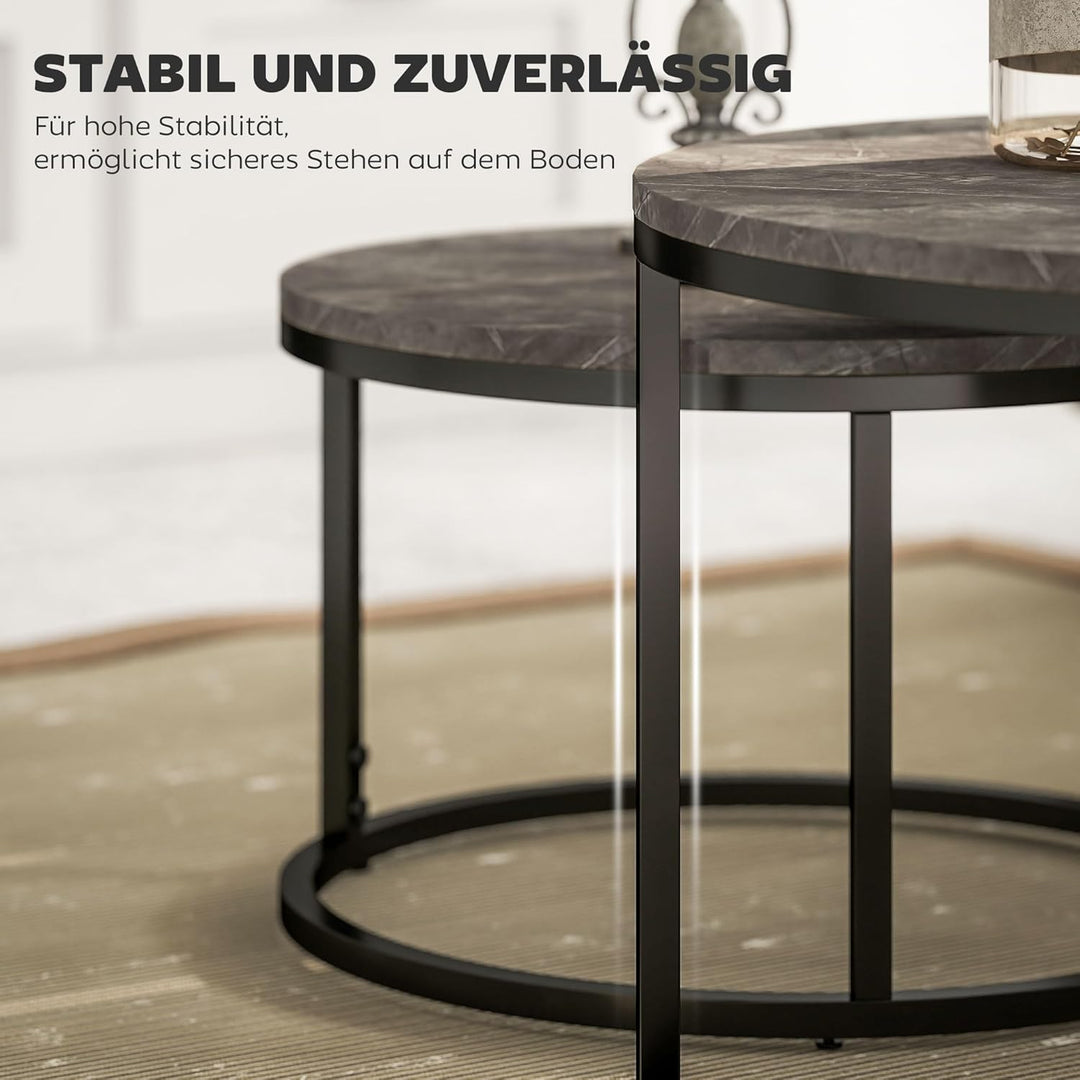 HOMCOM Couchtisch rund 2er Set Wohnzimmertisch Beistelltisch mit Metallrahmen, Satztisch mit Marmoro