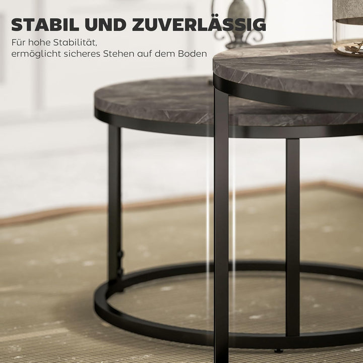 HOMCOM Couchtisch rund 2er Set Wohnzimmertisch Beistelltisch mit Metallrahmen, Satztisch mit Marmoro