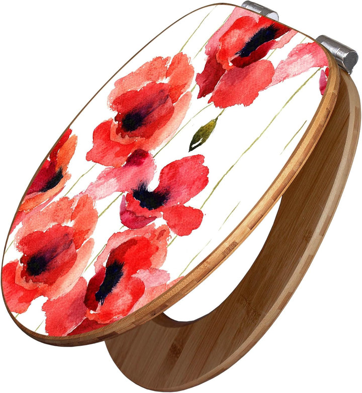 banjado® Design WC Sitz Bambus Absenkautomatik mit Motiv Mohn Aquarell/Toilettendeckel mit Absenkaut