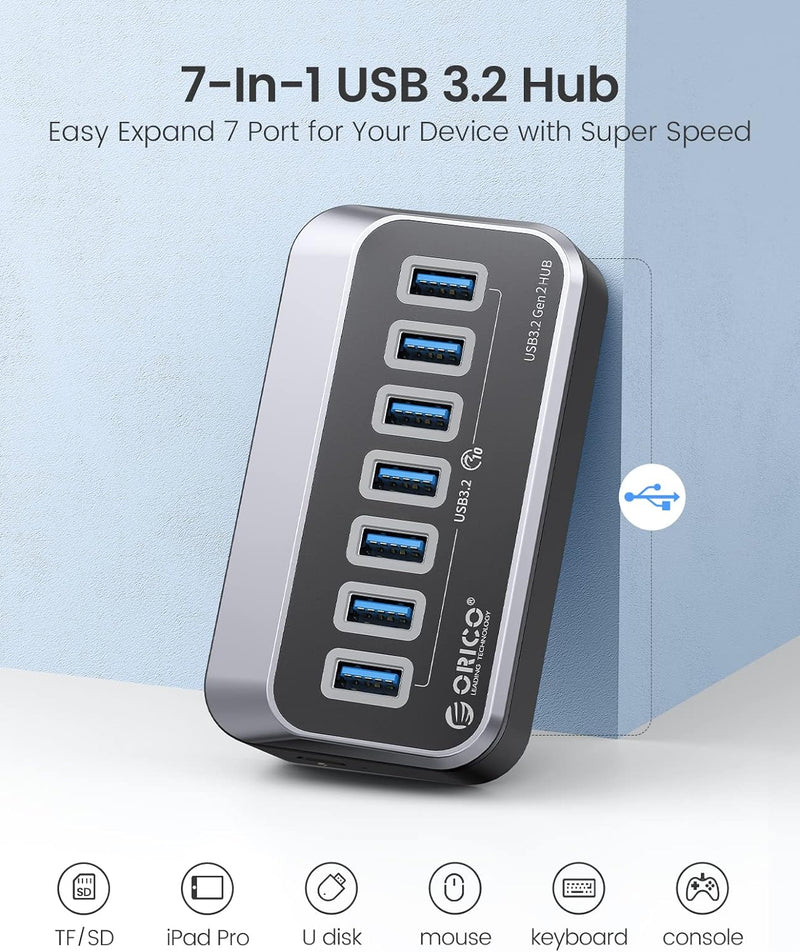 USB C Hub, ORICO 7 Port USB C Hub, 10Gbps, ABS USB Splitter mit 1 M Datenkabel, USB Verteiler für Ma