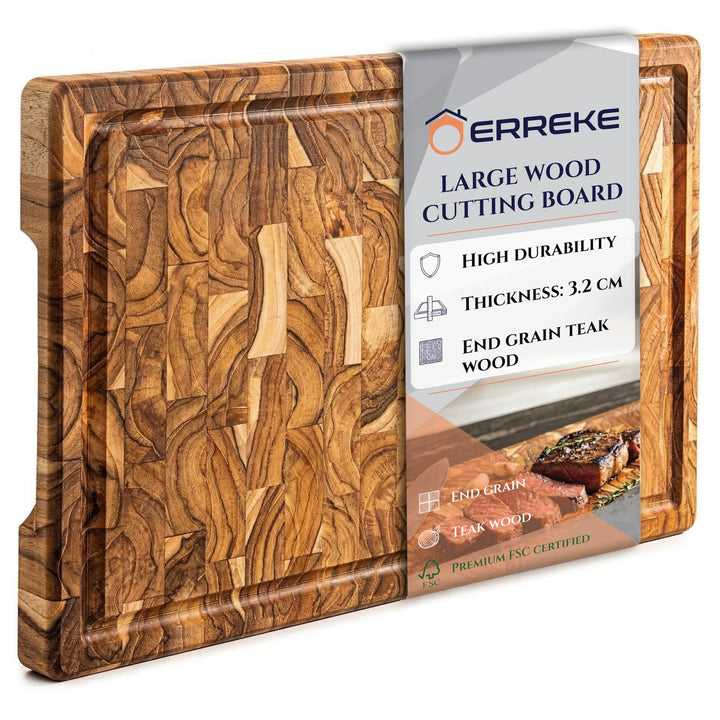 Erreke Schneidebrett Holz Gross mit Auffangschale, End Grain Natur-Teakholz 44cm Lang, Dicke 3.2 cm,
