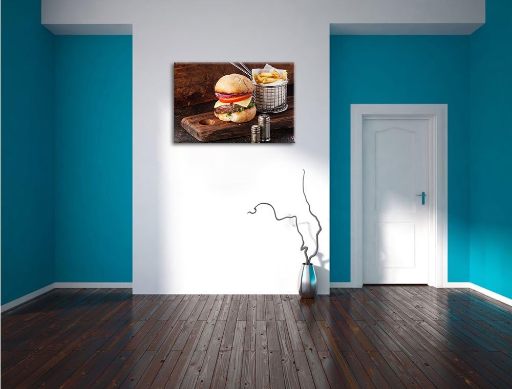 Cheesburger mit Pommes, Format: 100x70 auf Leinwand, XXL riesige Bilder fertig gerahmt mit Keilrahme