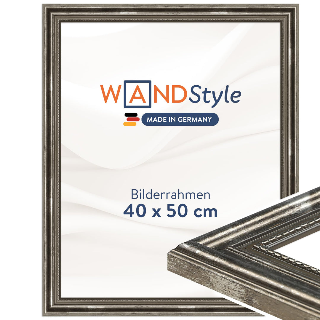 WANDStyle Bilderrahmen Antik 40x50cm I Farbe: Silber I Holzbilderrahmen I Fotorahmen I Silberner Bar