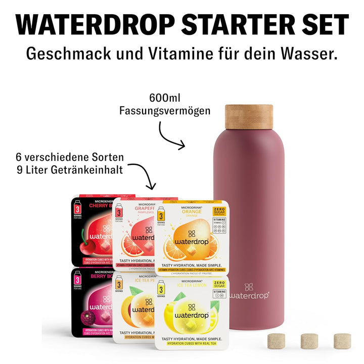 waterdrop® Starter Set - 600ml Trinkflasche mit Geschmack inkl. 18 zuckerfreie Drops - Geschenk für