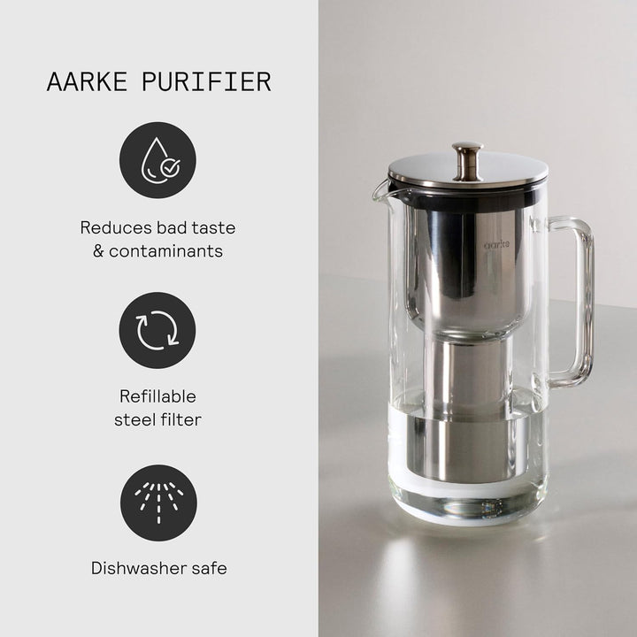 Aarke Purifier, Wasserfilterkanne aus Glas und Edelstahl (2,4 L / 10 Tassen) + 3er-Pack Pure Filter-