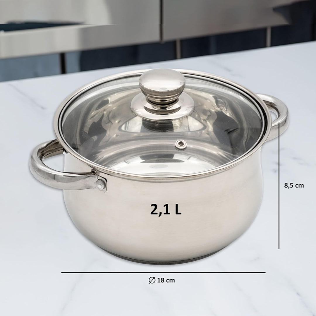Induktions-Kochtopf 18cm – Edelstahl Bratentopf mit Glasdeckel & Dampfloch - Für Alle Herdarten (Ind