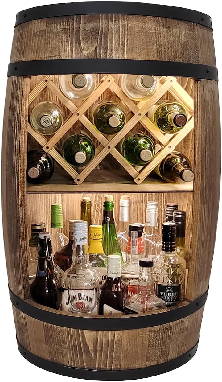 weeco Fassbar mit LED Beleuchtung und Weinhalter. Weinregal - Holzfass Hausbar 80cm. Rustikaler deko