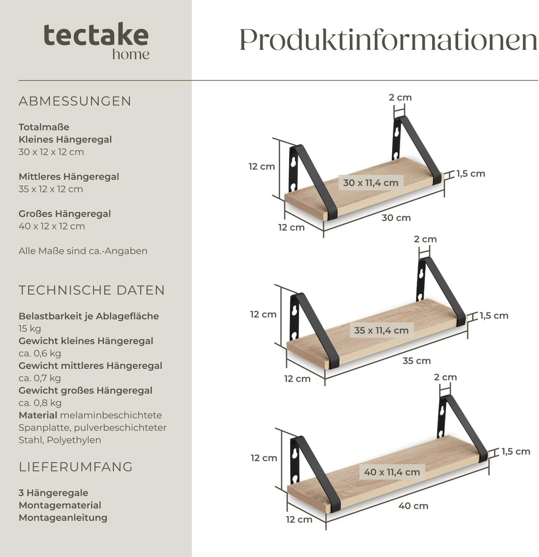 tectake® Industrial Wandregal Holz, 3X Regal Wand Set, Schweberegal, Regale 30/35/40 cm, Hängeregal,