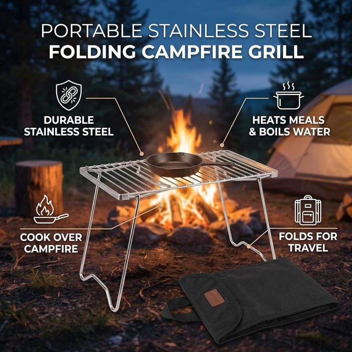 Klappbarer Lagerfeuergrill für BBQ, Picknick, Camping, Tragbarer Campinggrill, Edelstahl-Grill, Holz