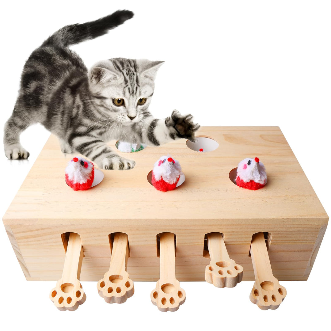 Interaktives Katzenspielzeug, 5-Loch-Mäuse-Schlag-eine-Maulwurf Katzenmaus-Spielzeug, Holz Spielzeug