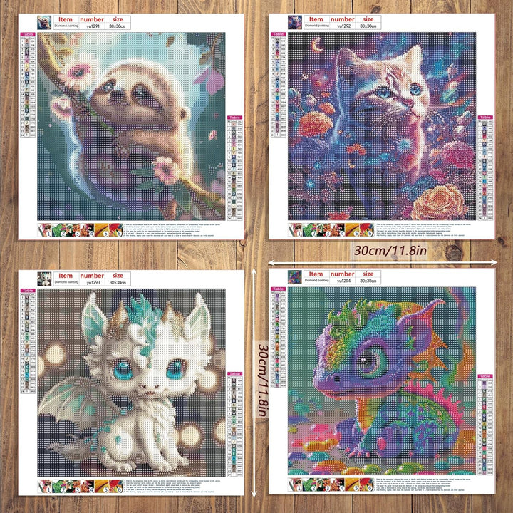 KEYRANKE 4er Diamond Painting Kinder Kleine Bilder, Diamant Painting Bilder Set Tiere Katze Faultier
