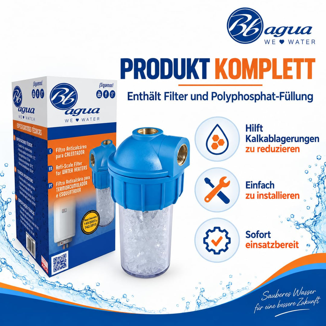 Antikalk-Filterheizungen. Lieferumfang: Filtergehäuse und Polyphosphatsteinfüllung. Verhindert Kalka