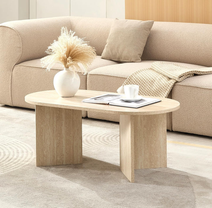 Couchtisch Oval Rund Weiss Travertin Steinoptik – 100 x 50 x 40 cm (L x B x H) Travertin Weiss, Trav