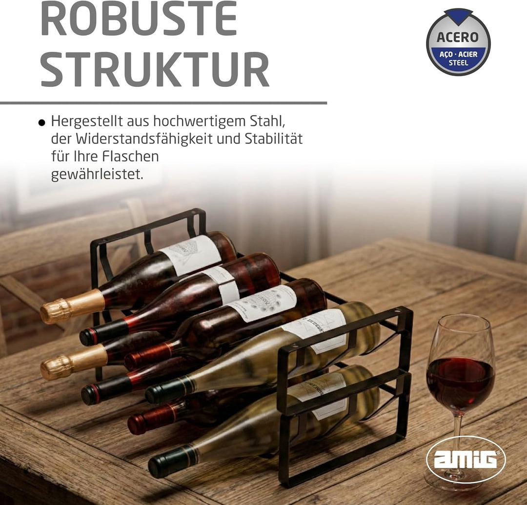 Amig - Stapelbares Flaschenregal für 8 Flaschen - 2er-Pack aus schwarzem Stahl - Flaschenhalter für