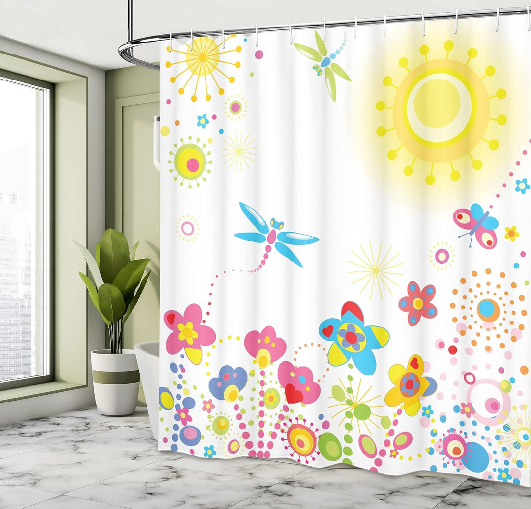 ABAKUHAUS Libelle Duschvorhang, Löwenzahn-Glück, Stoffliches Gewebe Badezimmerdekorationsset mit Hak