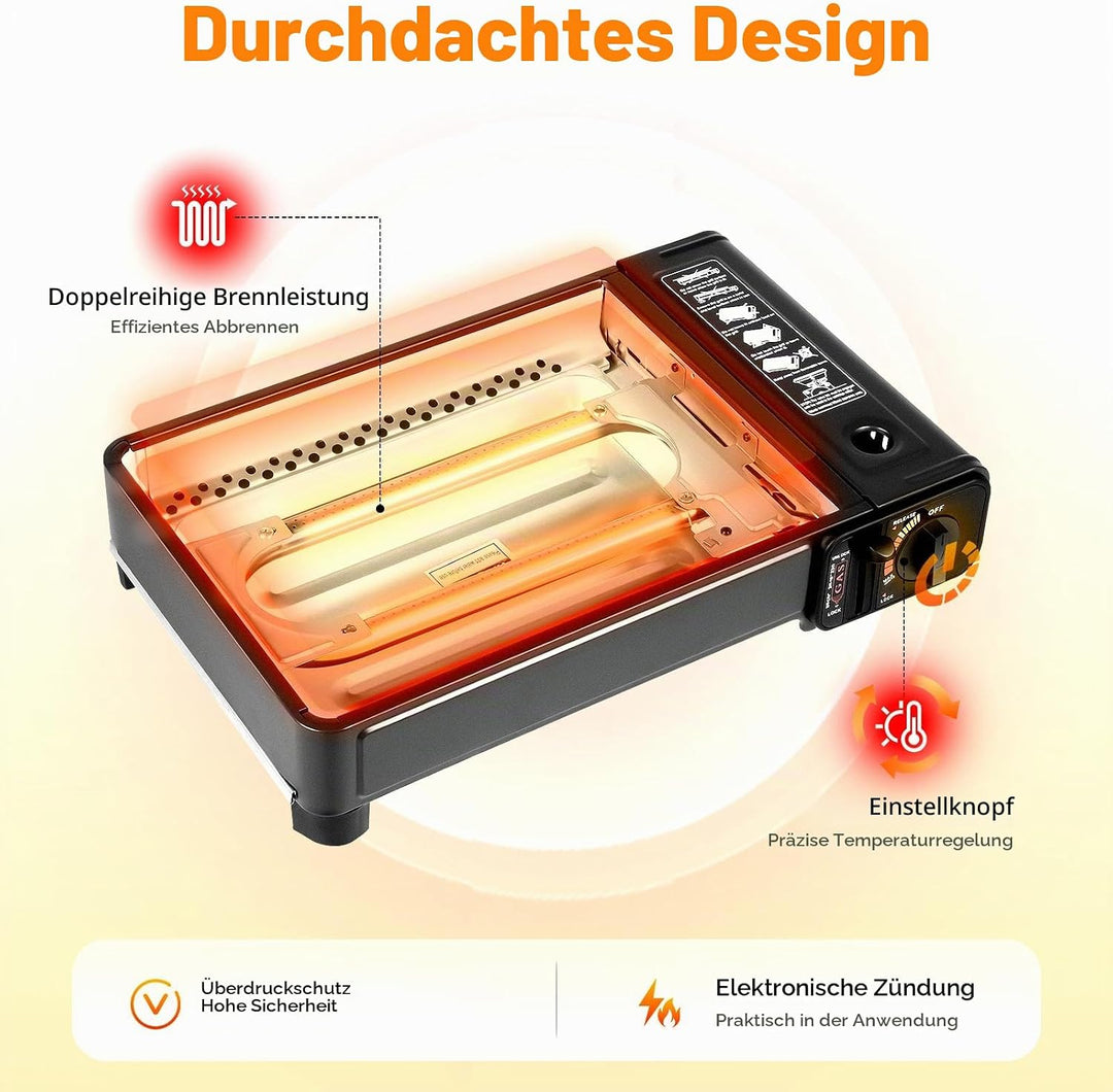 2-in-1 Tragbarer Camping Grill Gasherd, Tragbarer Butan Gasherd mit Grillzubehör Set, Gas Grill Herd